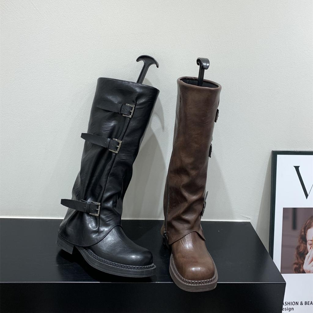 Thick-soled brown Maillard long knight boots women's boots 2025 new autumn and winter black locomotive medium boots