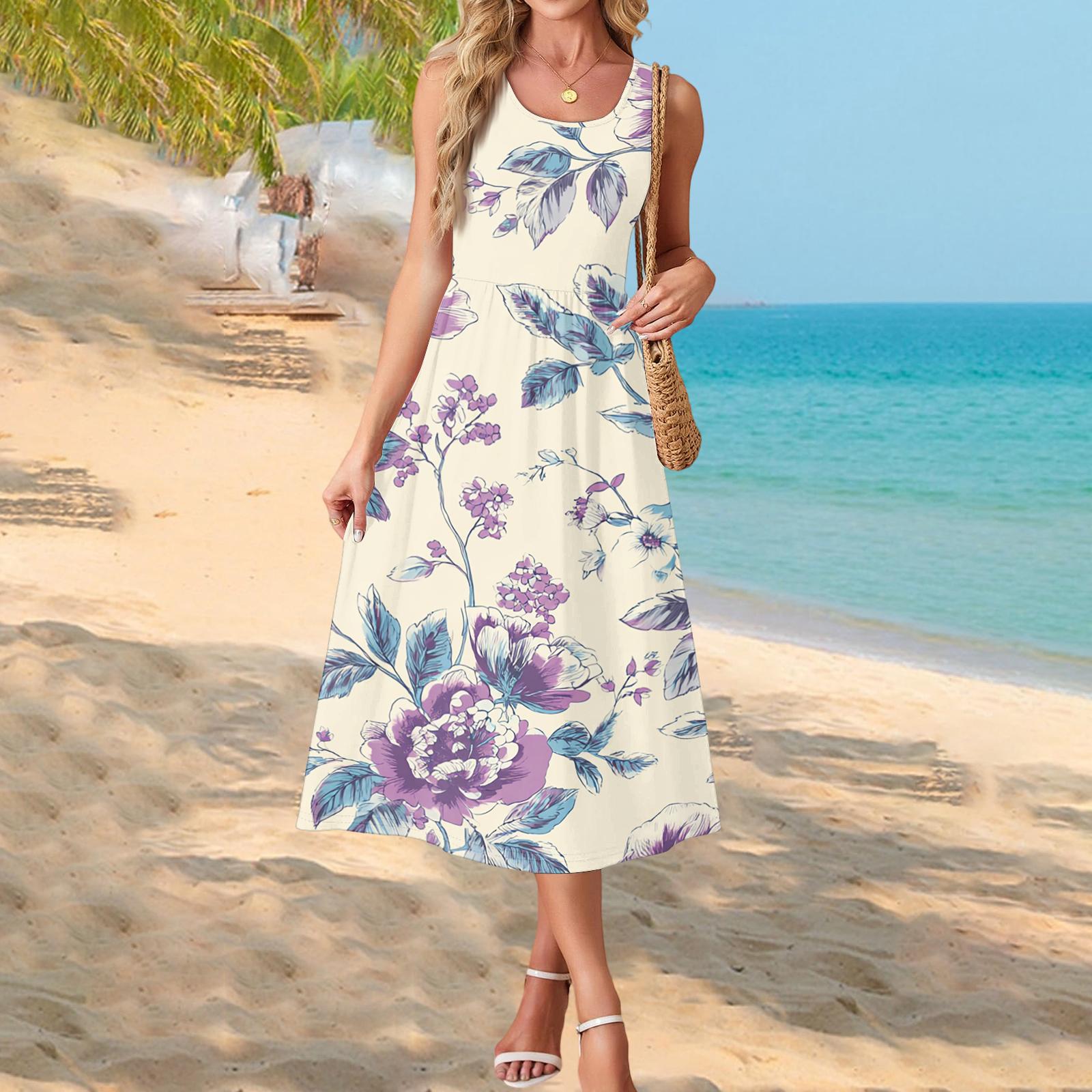 

Fashionable women s summer dress with floral print, flowy casual , perfect for beach vacations, sundress with pockets. L синий