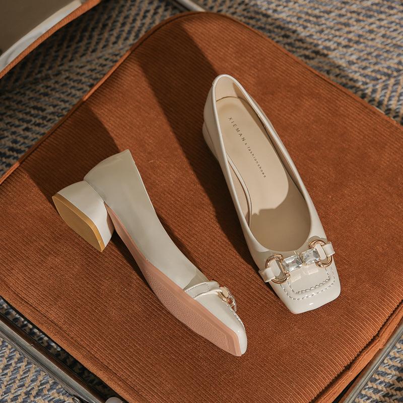 New square head metal buckle thick heel high heel temperament simple wind shallow mouth women's single shoes