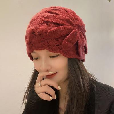 Handmade Crocheted Headgear, White Hair Wool Hat, Autumn and Winter Cold-proof and Warm Hat, Women's Hollow Knitted Hat, Melon Fur Hat