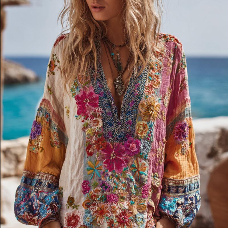 Camicetta da Donna Scollo a V Manica Lunga Vestibilità Regolare Casual Stampa Floreale Camicia Boemia
