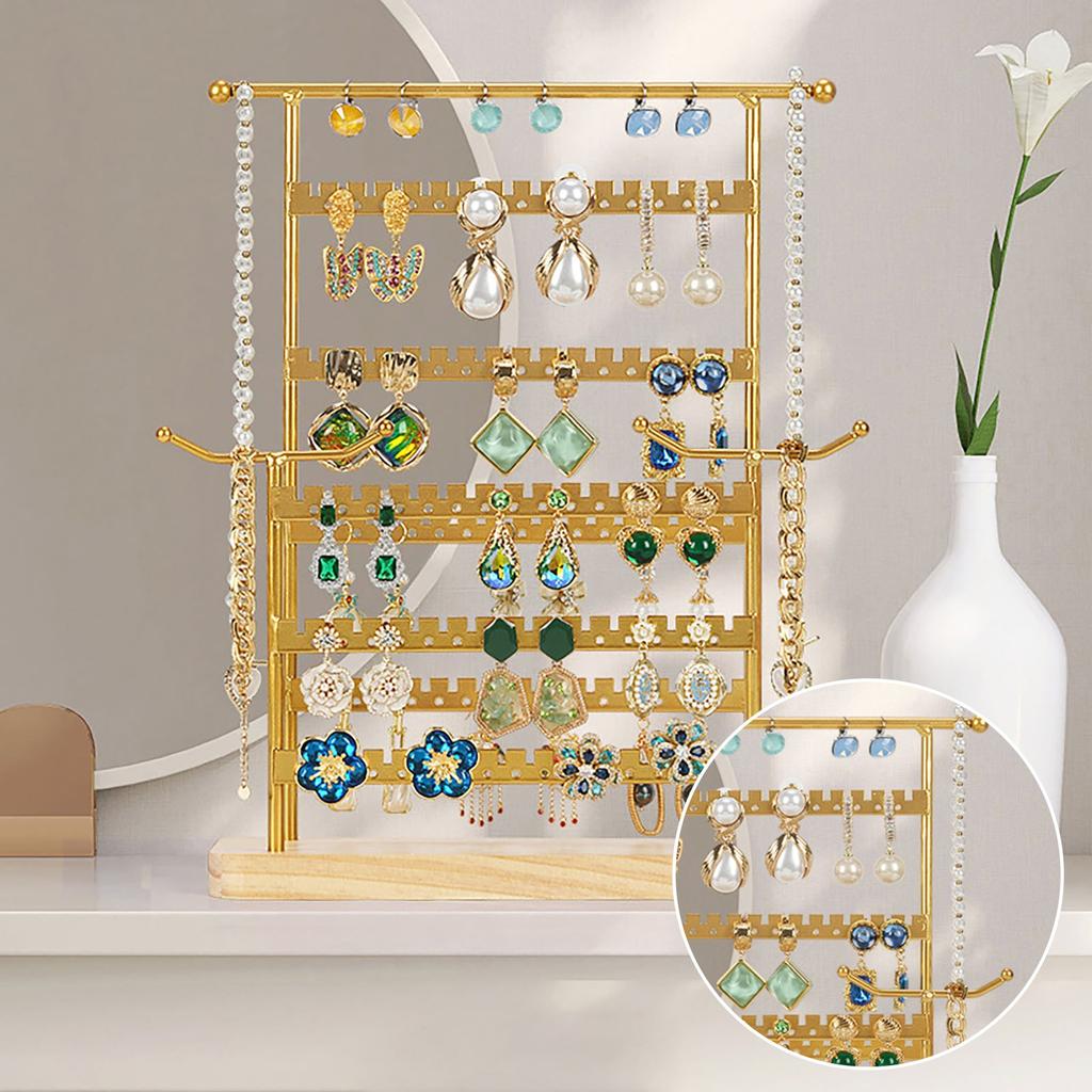 Adjustable Two-Tier Detachable Jewelry Organizer Stand with Multiple Slots and Hooks on Wooden Base for Necklace Bracelet Earrings Display