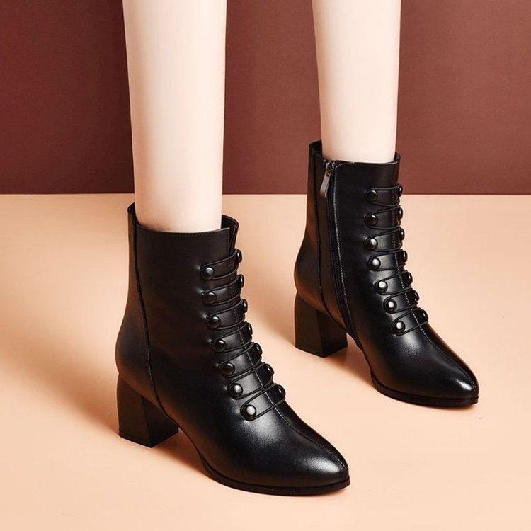 Martin Boots Women's New Autumn and Winter Velvet Boots Medium Heel High Heel Cotton Shoes Thick Heel Short Boots Soft Sole