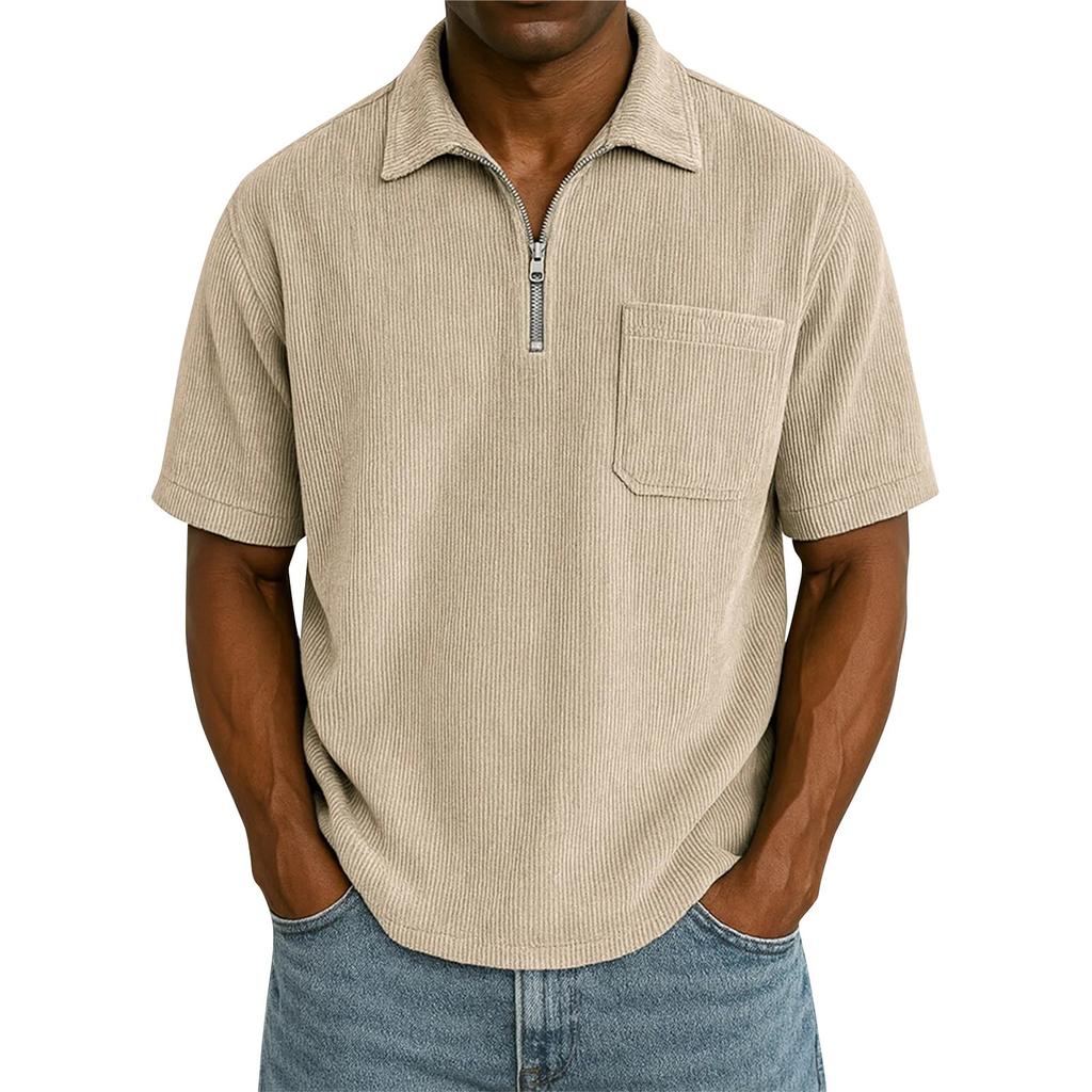 Men's Summer Solid Color Zipper Pocket Lapel Loose Short Sleeve Top