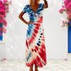 Women Plus Size V Neck Short Sleeve Navy Blue Printed Long Dress