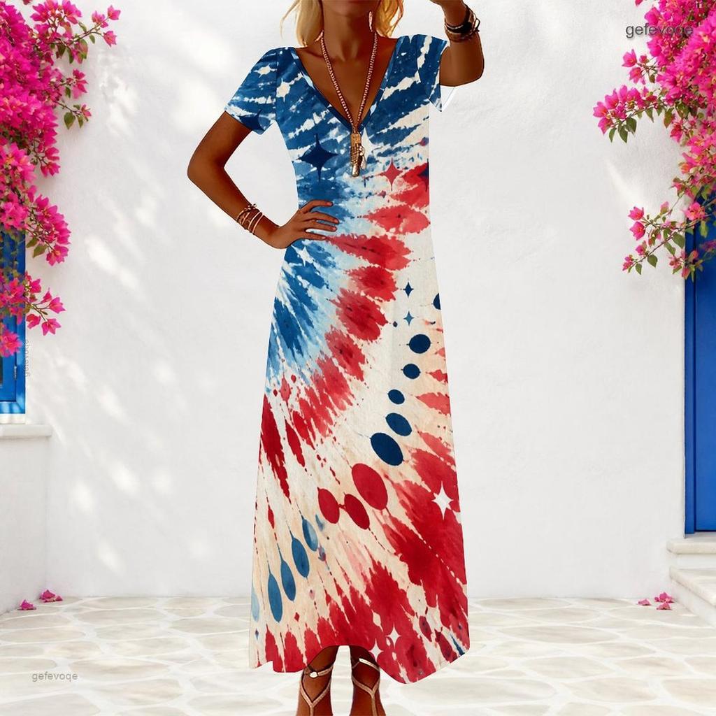 Women Plus Size V Neck Short Sleeve Navy Blue Printed Long Dress