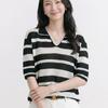Navava Women Striped Collar Short Sleeve Knit Top Nk3690