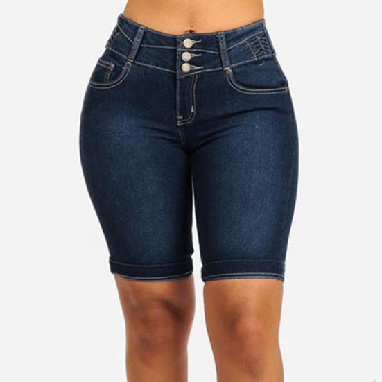 Mid Rise Pockets Buttons Fly Short Jeans Knee Length Stretchy Denim Shorts for