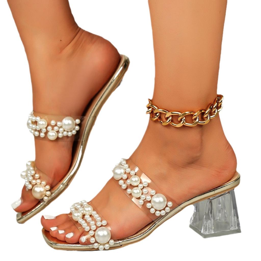 Transparent crystal high heels summer new pearl sandals thick heel square head wear one word large size slippers women