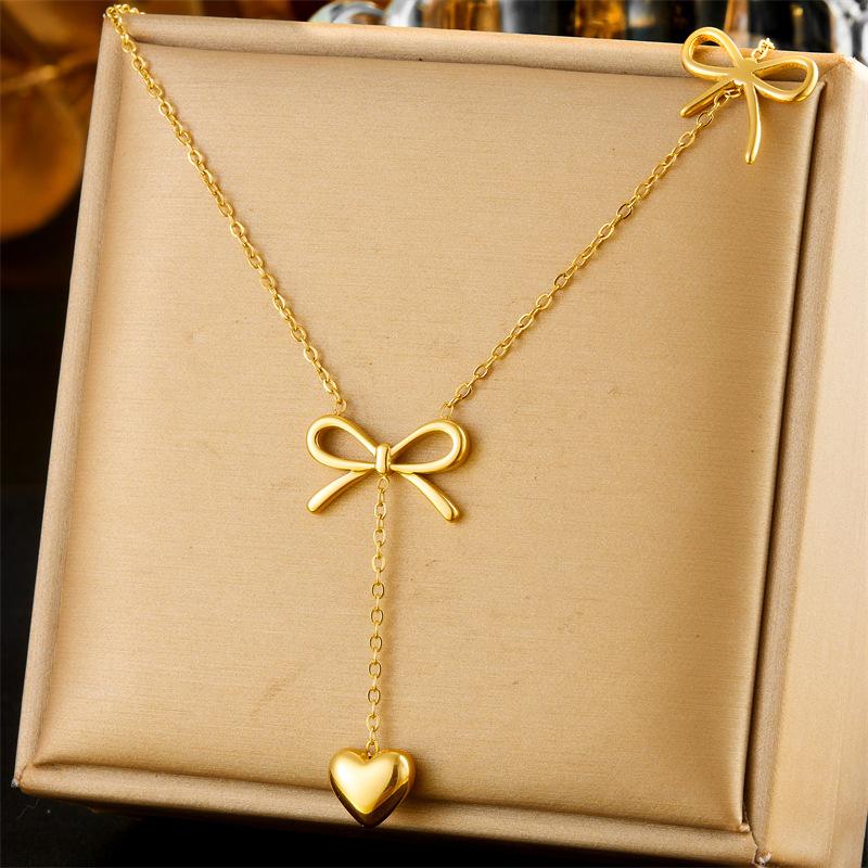 Fashionable Minimalist Gold Tassel Chain Bow Pendant Necklace