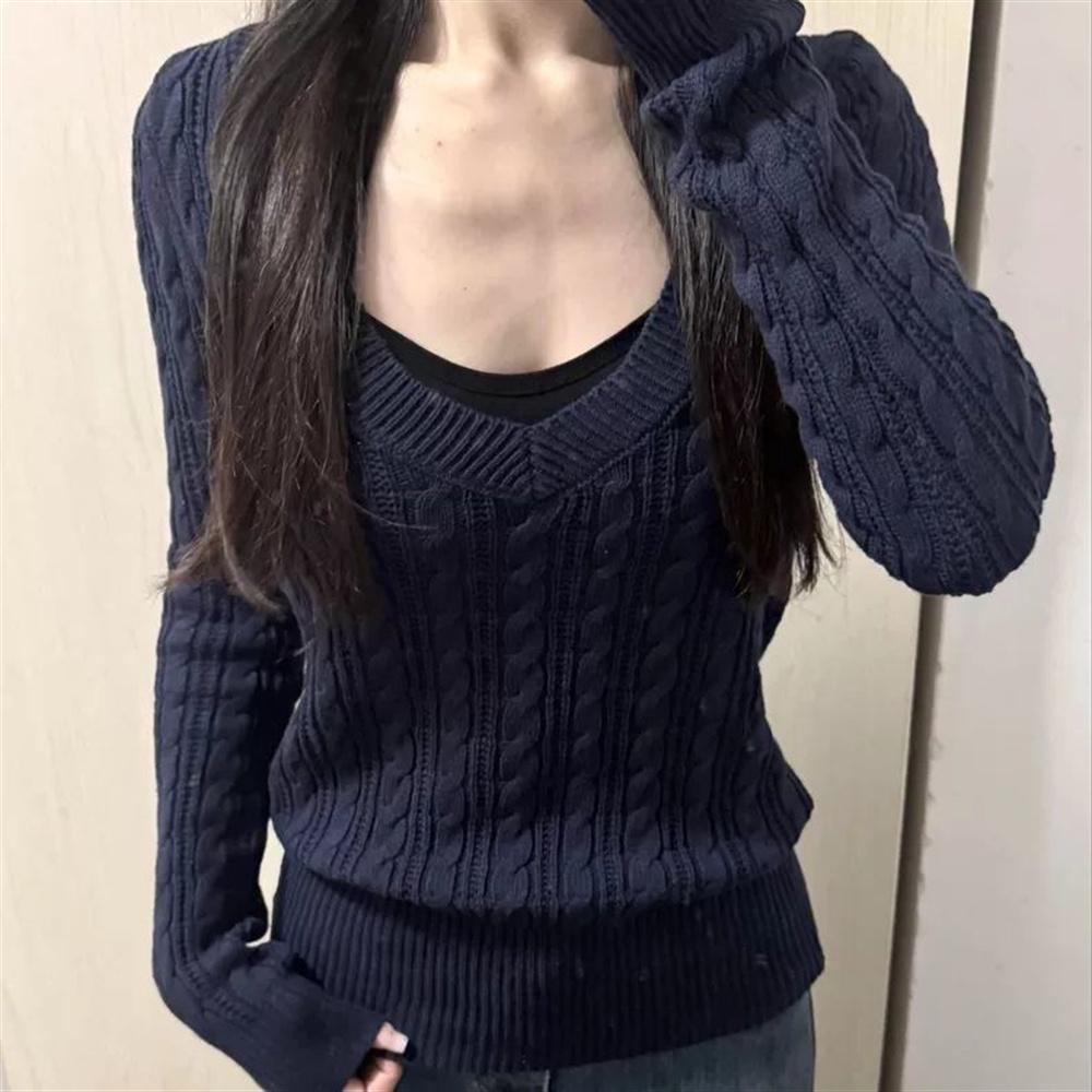 Pull en Maille Fin à Col en V Mode Automne Nouveau Haut pour Femme Pull en Tricot à Manches Longues Blanc Pull Doux Pièce Unique