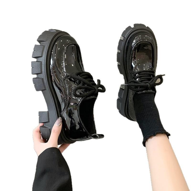 Height-increasing Loafers 2025 New Platform Muffin Shoes Women's Autumn British Style Patent Leather Small Leather Shoes Round Head Lace-up Single Sho