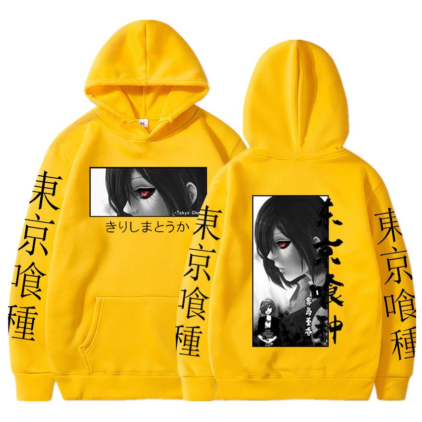 Толстовка с капюшоном в японском стиле с рисунком аниме Touka Kirishima Eyes Print Sweatshirt Casual Oversize Hoodies Harajuku Autumn Fleece Streetwear XXXL жёлтый