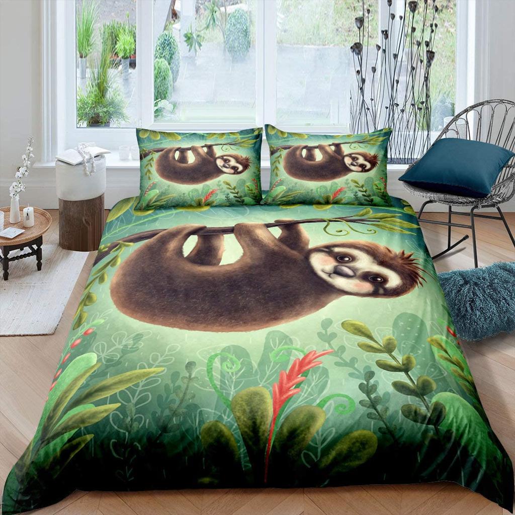 Kids Sloth Duvet Cover Set Queen King Size, Cute Animal Pattern Polyester Comforter Cover, Branches Winter Theme For Boys Girls
