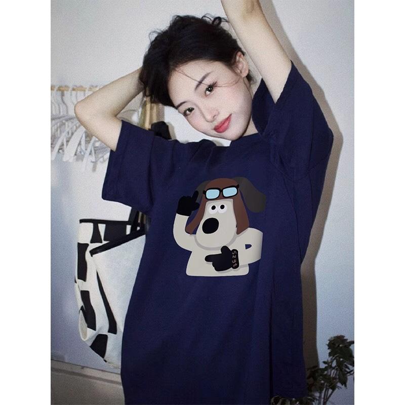 Pure cotton heavy design cartoon puppy short-sleeved t-shirt women's summer new niche trendy brand loose half-sleeved top