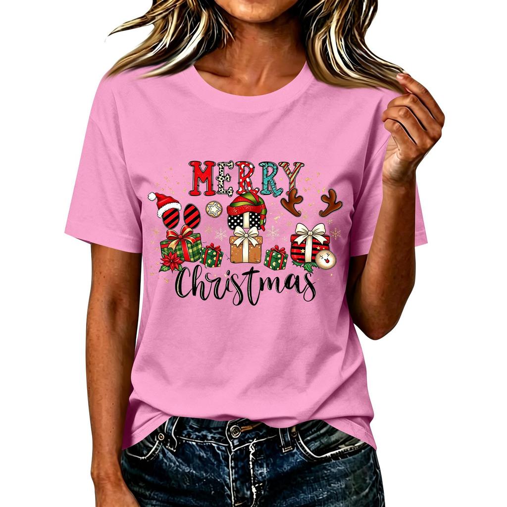 Damen Casual Weihnachten Bedrucktes Kurzarm-T-Shirt mit festlichem Feiertagsdesign