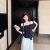 Pure lace splicing short-sleeved women's clothing summer niche design waist T-shirt strap V-neck navy blue top