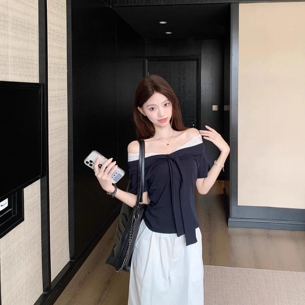 Pure lace splicing short-sleeved women's clothing summer niche design waist T-shirt strap V-neck navy blue top