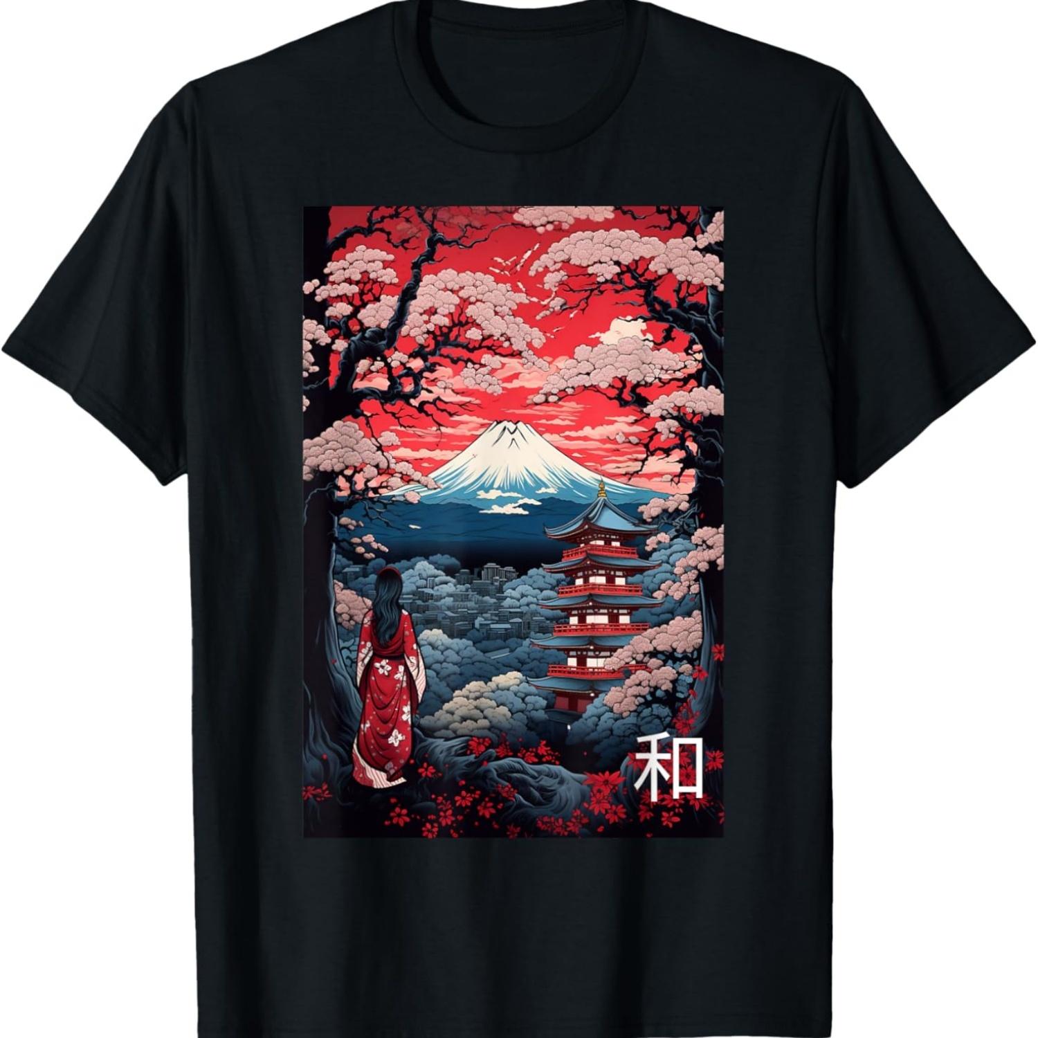 Garden Mount Fuji Cherry Blossoms Geisha Japan T-Shirt(2) S чёрный