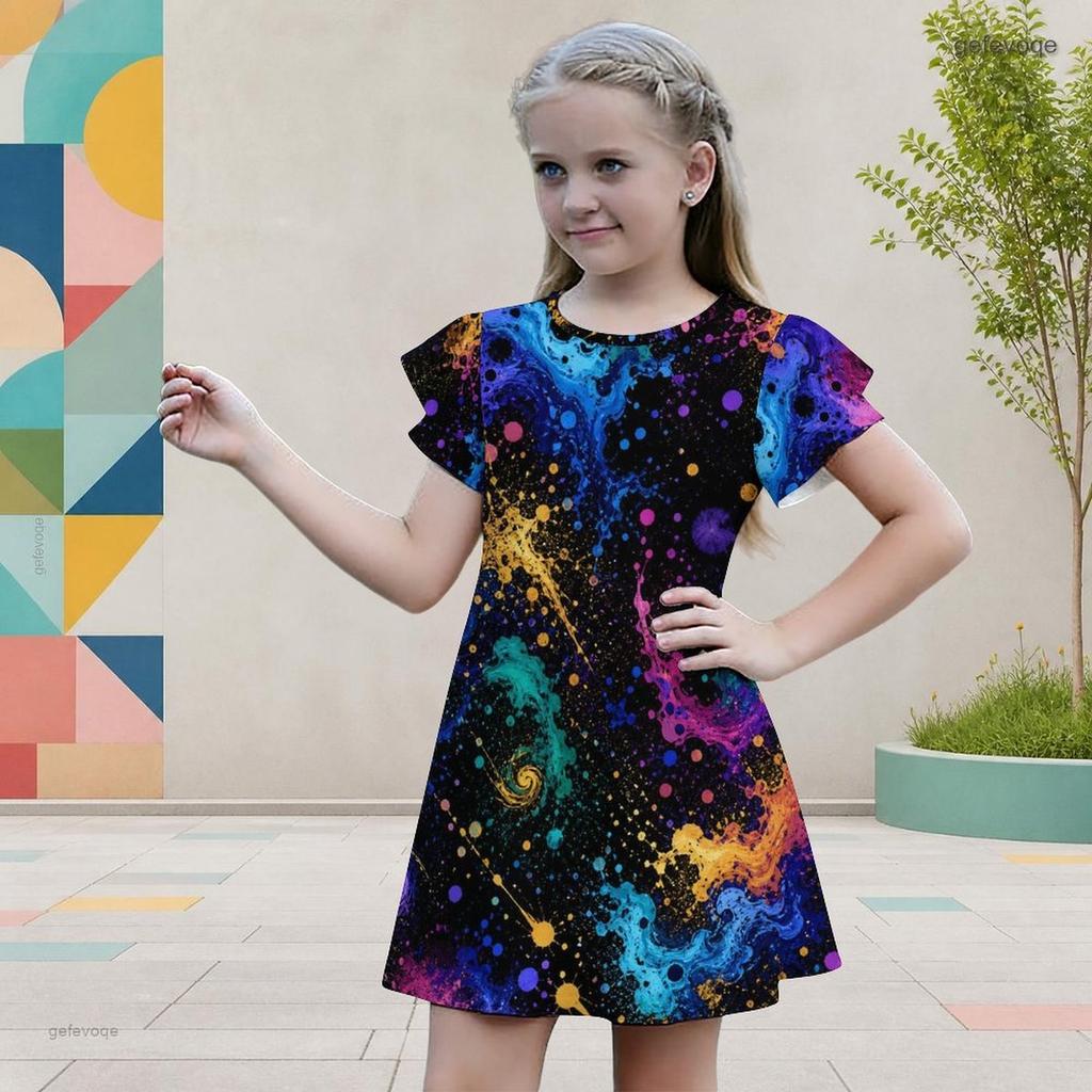 Girls Round Neck Flutter Sleeve American Flag Printed A Line Dress Black Red White