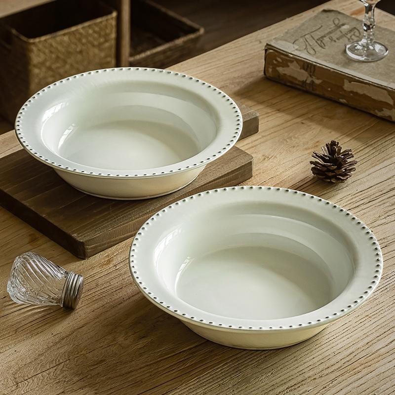 Retro Style Relief Pearl Straw Hat Bowl Household Ceramic Large Bowl Soup Bowl Salad Bowl Tableware Pasta Bowl Restaurant Plate