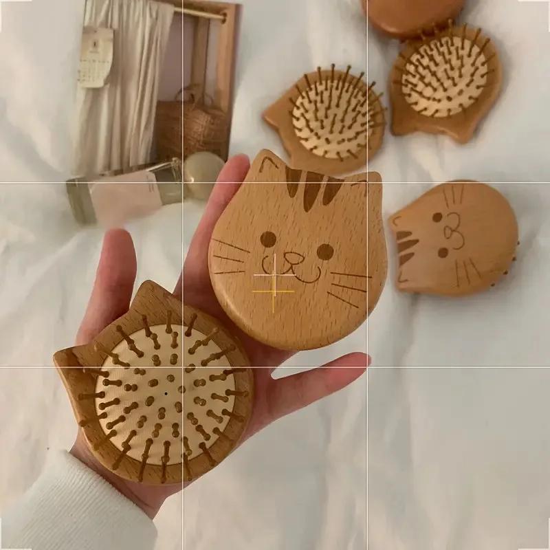 Portable Mini Cherry Wood Cat Cartoon Air Cushion Comb Massage Smooth Hair Anti-Static Solid Wooden Brush for Extensions