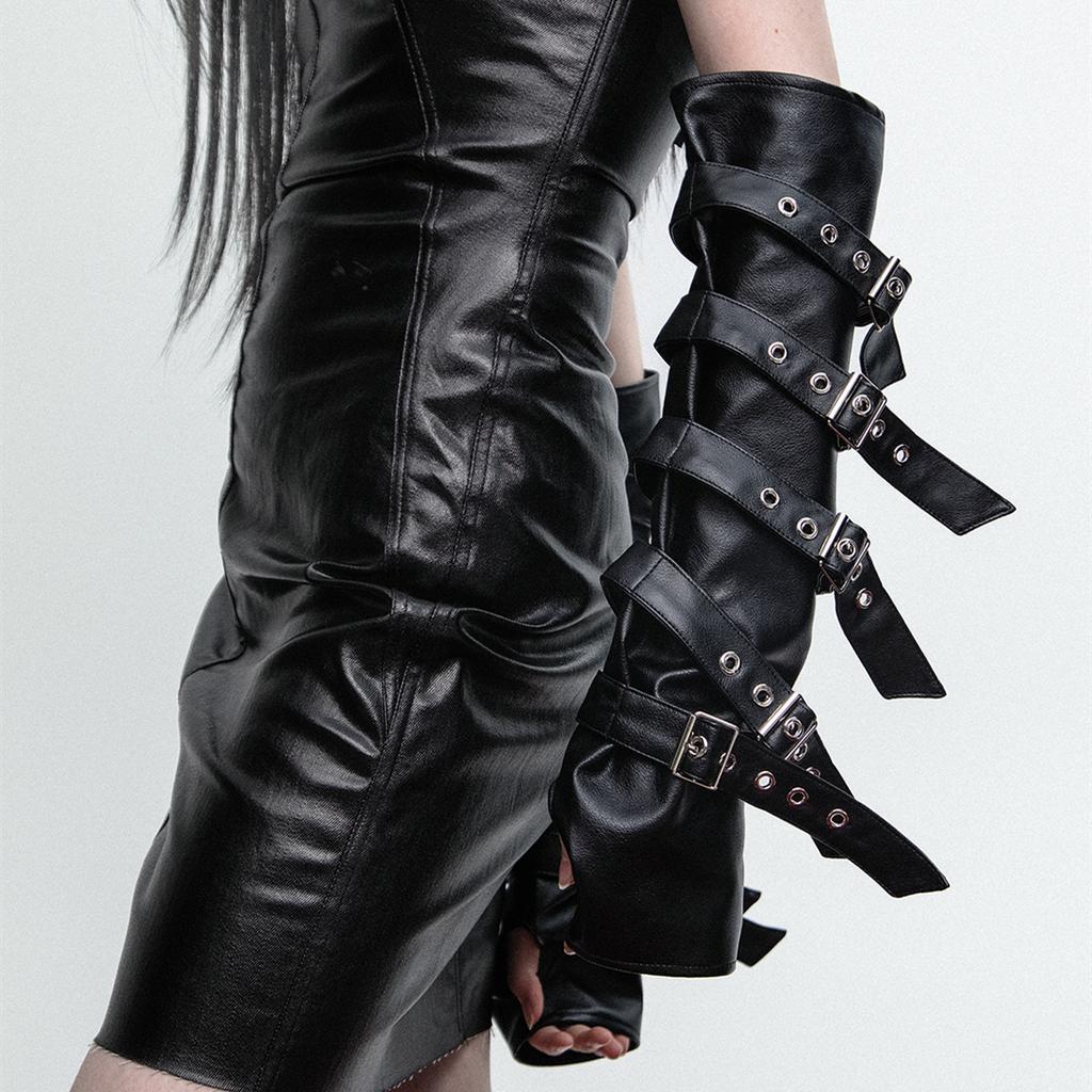 Gothic Punk Pu Leather Long Gloves Woman Techwear Style Adjustable Leather Strap Fingerless Gloves Hip Hop Cosplay Arm Sleeves