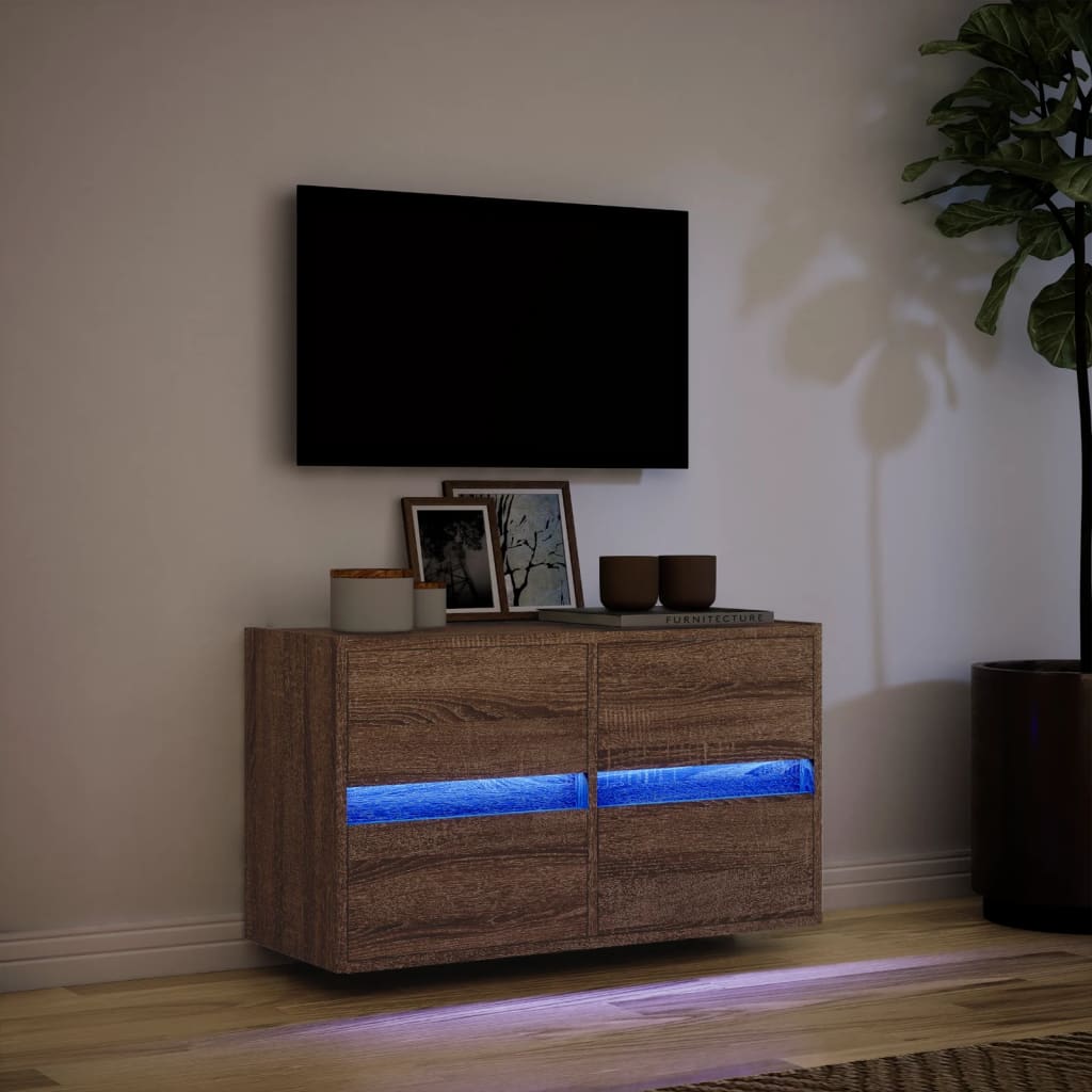 Wall Mounted TV Cabinet with LED Lighting Brown Oak Effect 80 X 31 X 45 Cm