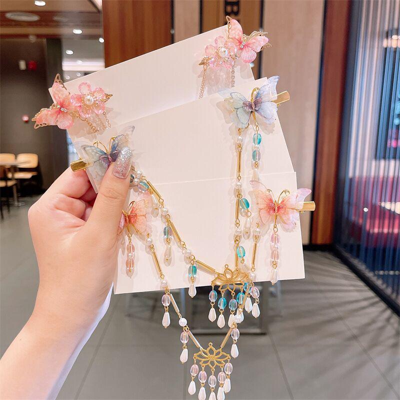 Kinder Hanfu Haarschmuck Set: Haarspangen im chinesischen Stil, Quasten & Schmetterlings-Haarnadeln für Mädchen