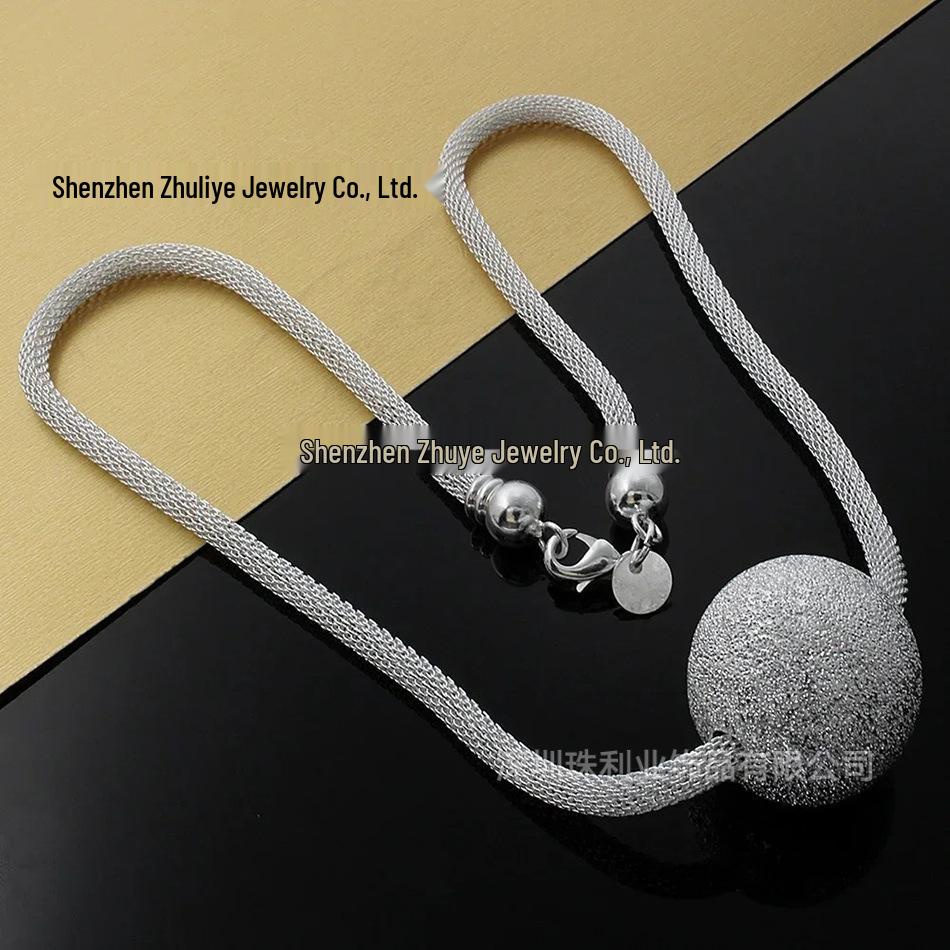 Silver Plated Mesh Snake Chain Necklace with Frosted Ball Pendant for Women