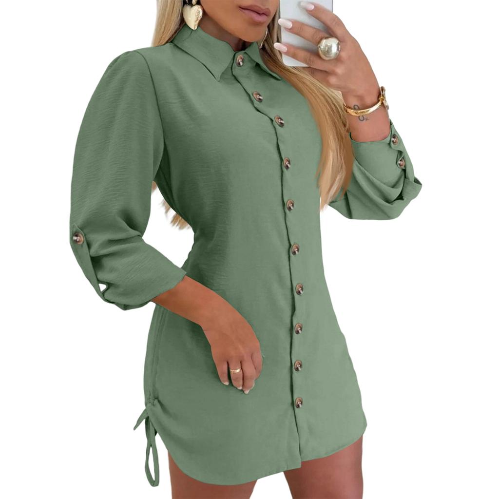 Women's Fashionable And Versatile Long-Sleeved -Color Drawstring Dress