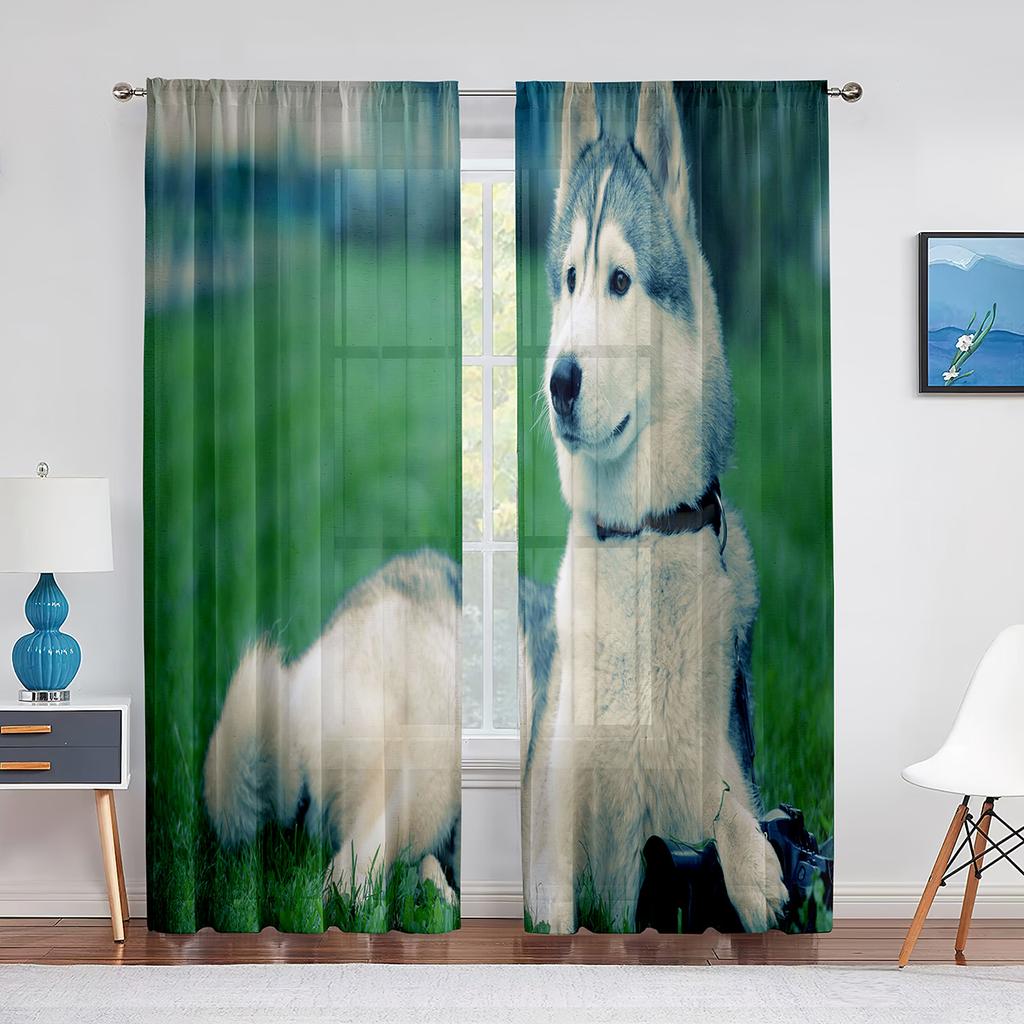 Winter Snow Husky Dog Cute Animal Puppy Sheer Voile Curtains for Living Room Bedroom Kitchen Decor Chiffon Tulle Window Curtains