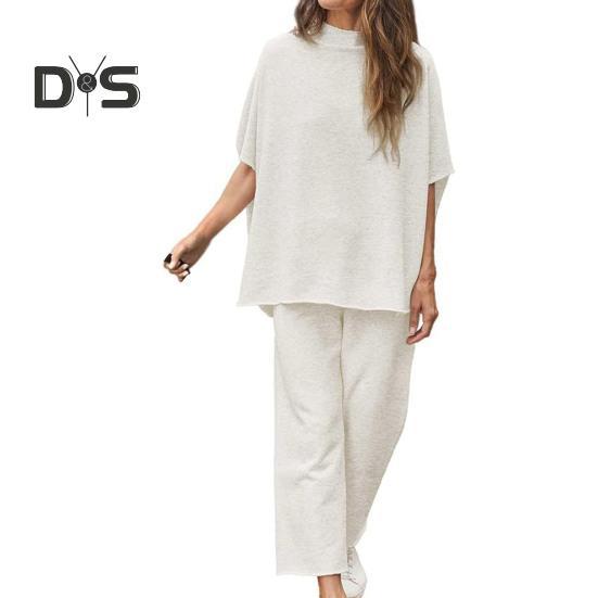 2 ks/sada Dámske Top nohavice Súprava Polovysoký golier Blúzka so širokými nohavicami Elastický pás Nohavice s vreckami Voľný outfit na voľný čas