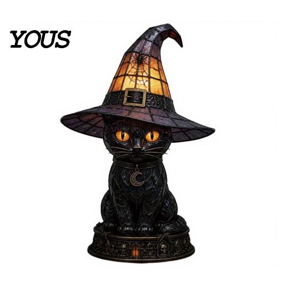 Lampada d'accento per libreria Gatto Strega di Halloween Luce Notturna, Tavolino in Resina con Cappello Caldo Luminoso, Decorazione per la Casa Gotica per Scaffale della Camera da Letto, Regalo Spettrale Atmosferico