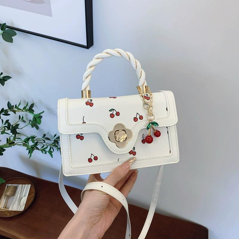 Cute Cherry Printed Handbag Shoulder Bag Woven Handle Square Tote Bag Fresh Design Women's Crossbody Bag Stylish Women Bag