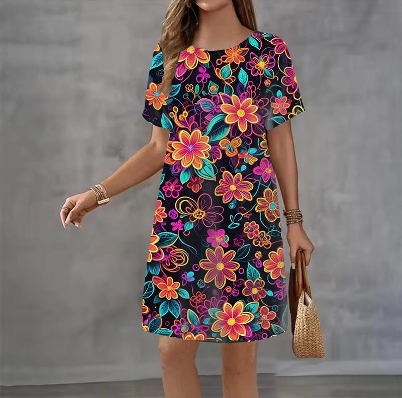 Modisches 3D-Druck Sommerkleid Locker Lässig Kurzarm Rundhals Minikleid