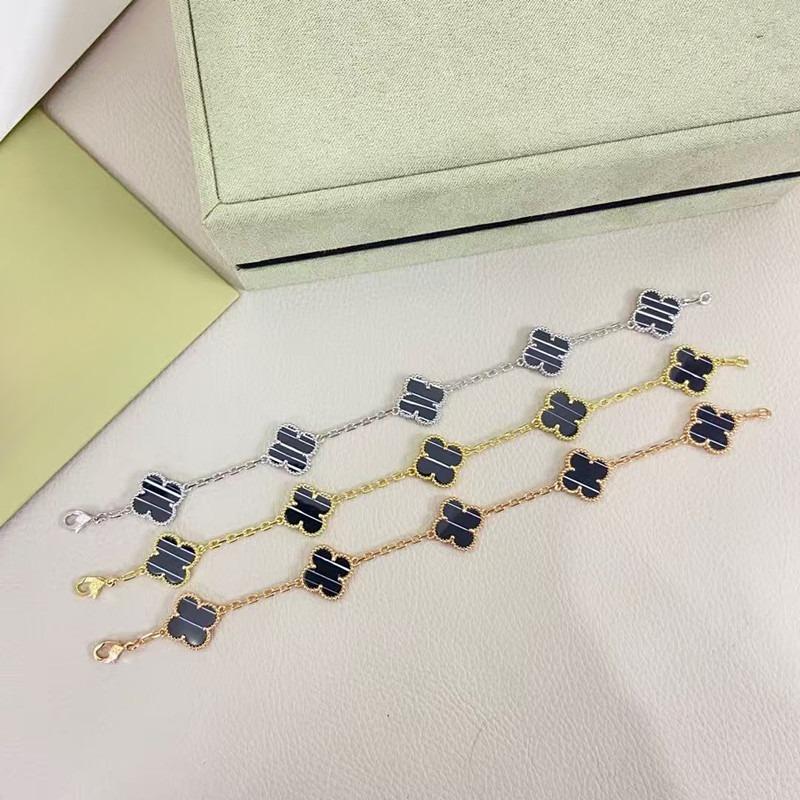 Women's Four-leaf Clover Bracelet 18k Rose Gold High Version Striped Black Chalcedony Lucky Clover Bracelet