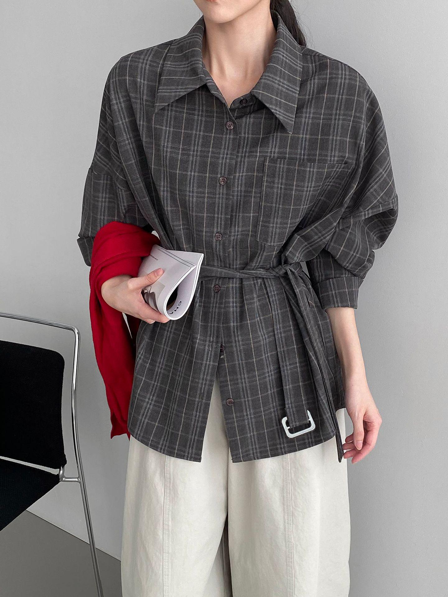 Early Spring Retro Plaid Waist-Tie Shirt - Women s Fashionable Slim Loose Layering Top Medium