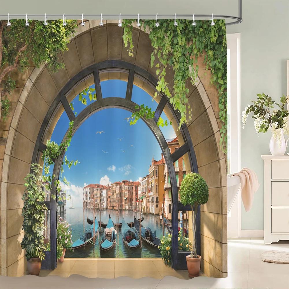 3D European Rural Flower Landscape Printing Bathroom Waterproof Shower Curtain Polyester Bath Curtain Home Decoration Curtain