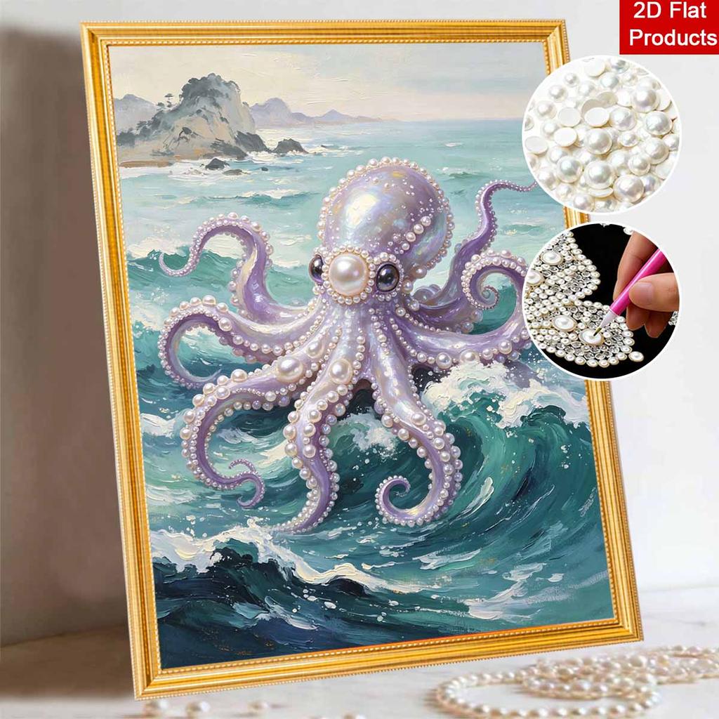 DIY Framed Pearl Painting Kit Ocean Octopus Pattern Sparkling Bead Canvas Art for Living Room Decoration Wall Decor Handcraft Home Display