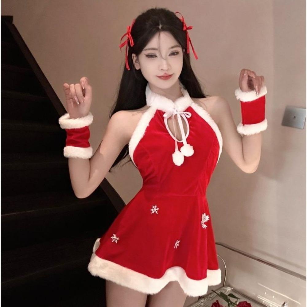 New Style for Spring Autumn and Winter Sexy and Cute New Year Red Plush Halter Neck Backless Slim and Slim Petite Christmas Dress