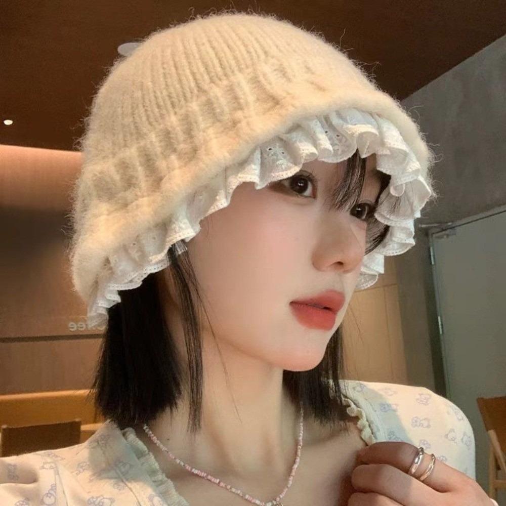 Lace Trim Women Bucket Hat Solid Color Beanie Hat Retro Knitted Fisherman Hat  Women