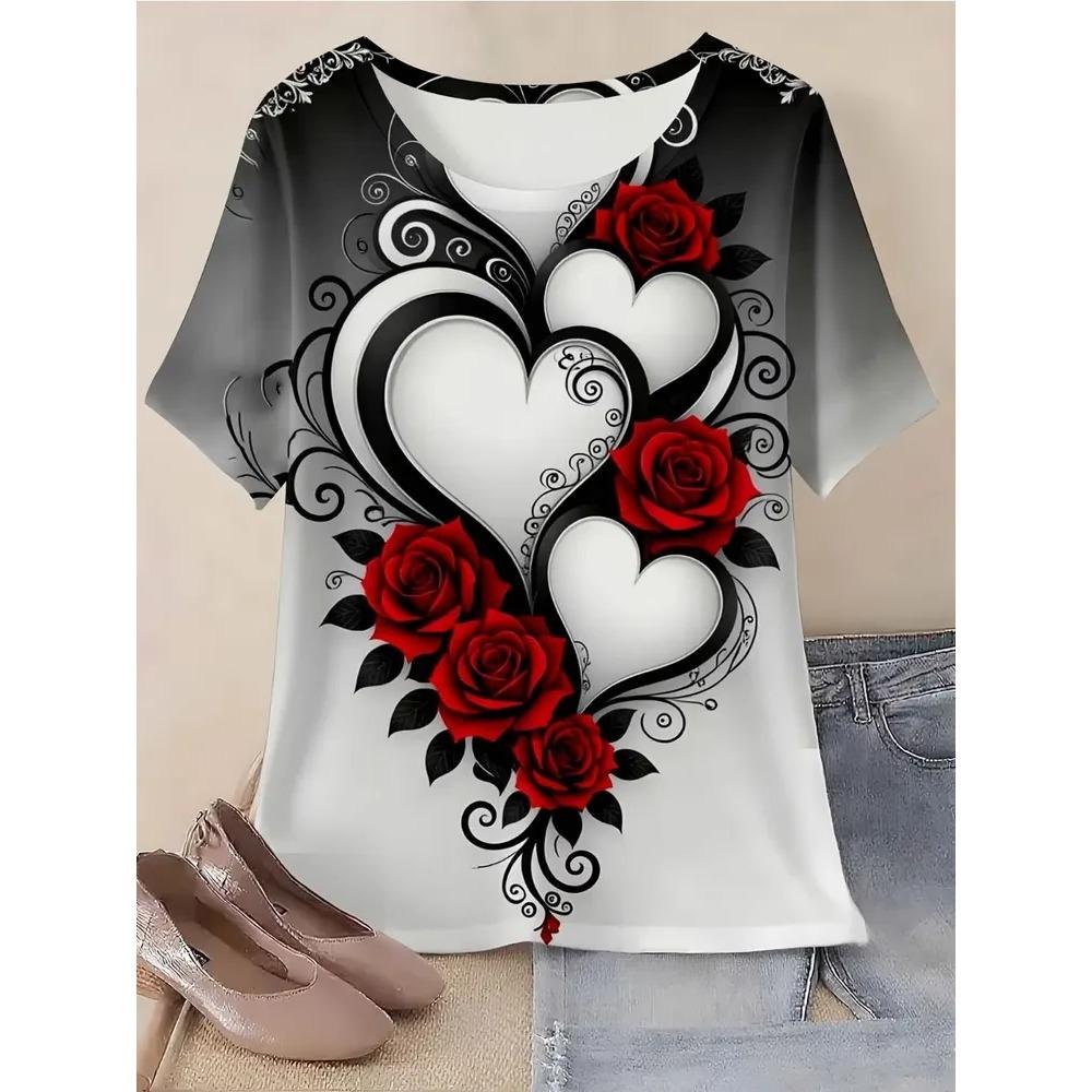 Retro Flower 3D Printed Short Sleeved T-shirt Fashionable Comfortable Soft Breathable Large Loose Womens T-shirt