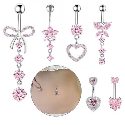 Stainless Steel Bow Belly Button Piercing Heart Shape Pink Zircon Navel Piercing Jewelry Copper Dangle Belly Ring