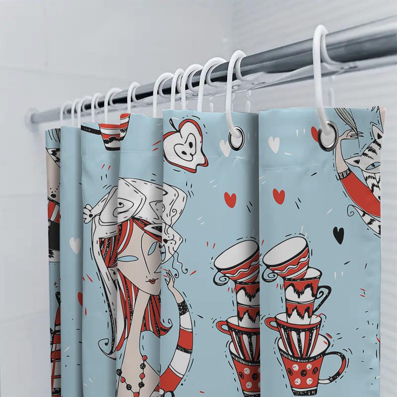 Stilvoller Cartoon-Badevorhang mit Teeparty-Thema Perfekt für Badezimmerdeko!
