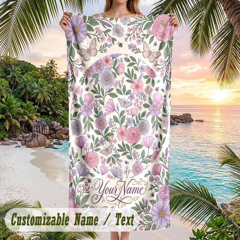 Floral Fantasy Poster Theme Quick Dry Beach Towel Custom Name Text Print Large Sand Resistant Towel Beach Vacation