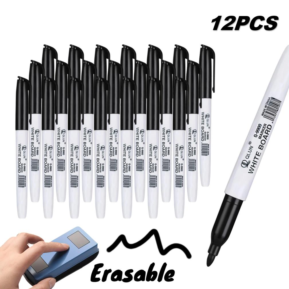 3/12pcs Erasable Black Whiteboard Marker Pens Teaching Supplies for Back To School Office School Stationery Bulk Pack