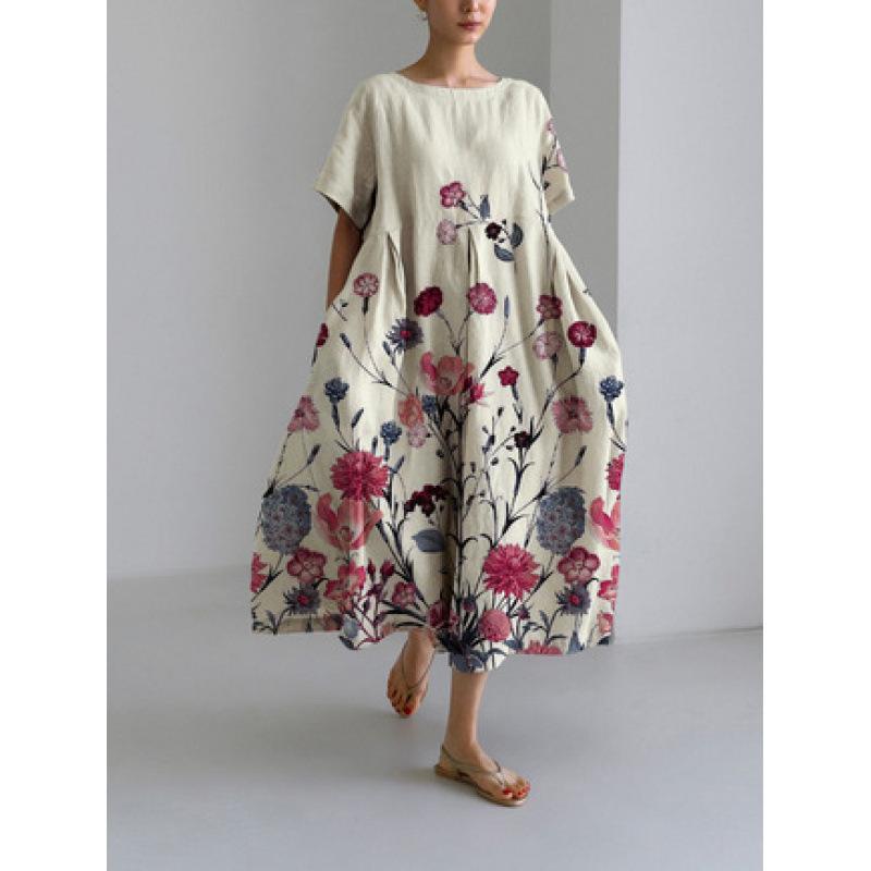 Damen Sommer Übergröße Gestreiftes Print Maxikleid, Lässiges Lockeres Rundhals Kurzarm Oversized A-Linien-Kleid