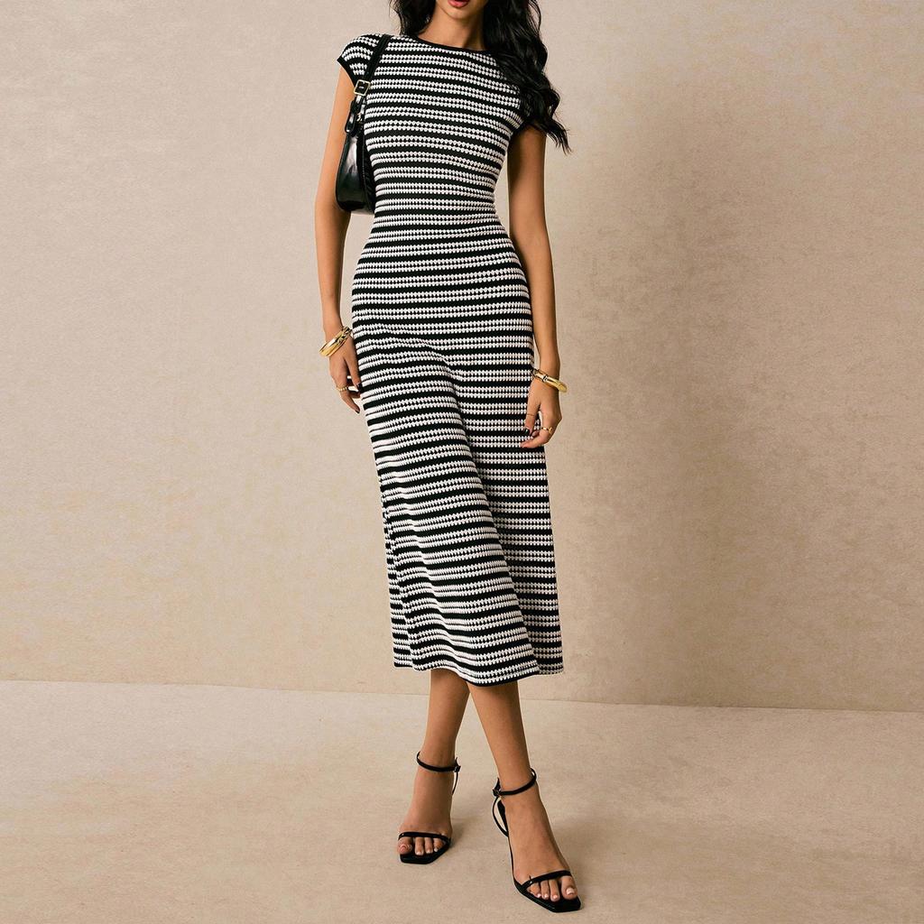 Modisches lässiges Damen-Langarm-Maxikleid mit Farbblock-Streifen und taillierter Rundhals