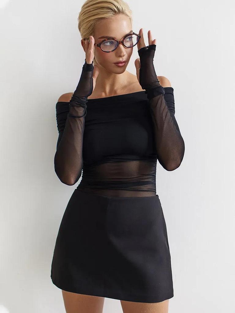 European & American Women's Fashion Autumn/Winter One-Shoulder Sexy Mesh Long-Sleeve T-Shirt